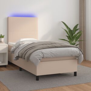 Κρεβάτι Boxspring Στρώμα&LED Καπουτσίνο 90x190 εκ. Συνθ. Δέρμα