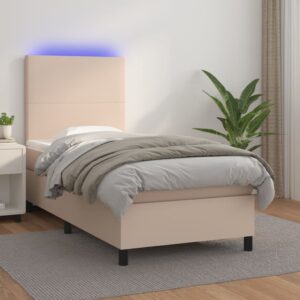 Κρεβάτι Boxspring Στρώμα&LED Καπουτσίνο 90x200 εκ. Συνθ. Δέρμα