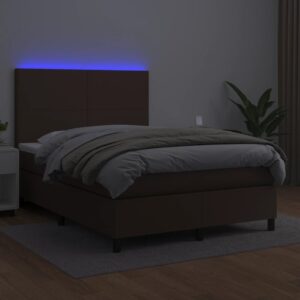 Κρεβάτι Boxspring με Στρώμα & LED Καφέ 140x200 εκ. Συνθ. Δέρμα