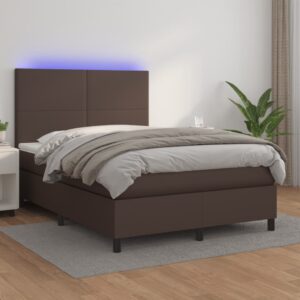 Κρεβάτι Boxspring με Στρώμα & LED Καφέ 140x200 εκ. Συνθ. Δέρμα