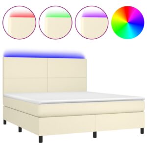 Κρεβάτι Boxspring με Στρώμα & LED Κρεμ 180x200 εκ. Συνθ. Δέρμα