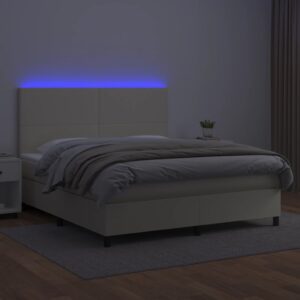 Κρεβάτι Boxspring με Στρώμα & LED Κρεμ 180x200 εκ. Συνθ. Δέρμα