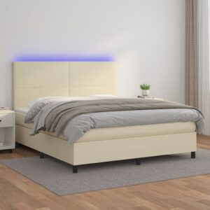 Κρεβάτι Boxspring με Στρώμα & LED Κρεμ 180x200 εκ. Συνθ. Δέρμα