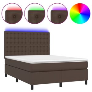 Κρεβάτι Boxspring με Στρώμα & LED Καφέ 140x200 εκ. Συνθ. Δέρμα