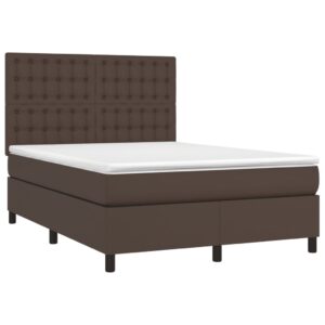 Κρεβάτι Boxspring με Στρώμα & LED Καφέ 140x200 εκ. Συνθ. Δέρμα