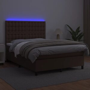 Κρεβάτι Boxspring με Στρώμα & LED Καφέ 140x200 εκ. Συνθ. Δέρμα