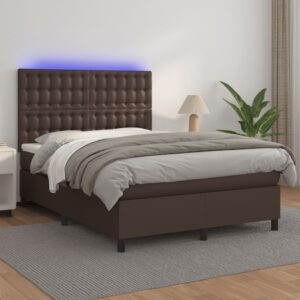 Κρεβάτι Boxspring με Στρώμα & LED Καφέ 140x200 εκ. Συνθ. Δέρμα