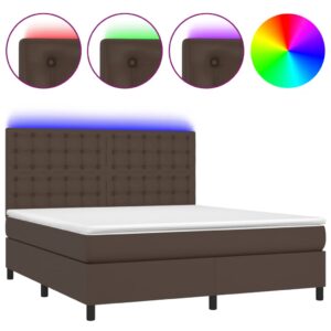 Κρεβάτι Boxspring με Στρώμα & LED Καφέ 160x200 εκ. Συνθ. Δέρμα