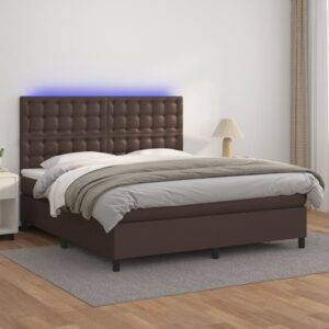 Κρεβάτι Boxspring με Στρώμα & LED Καφέ 160x200 εκ. Συνθ. Δέρμα