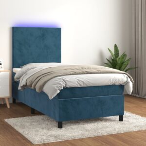 Κρεβάτι Boxspring με Στρώμα & LED Σκ. Μπλε 90x200 εκ. Βελούδινο