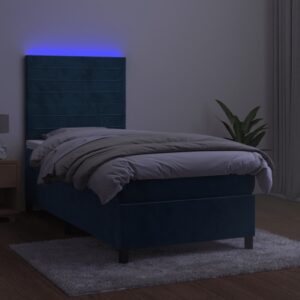 Κρεβάτι Boxspring με Στρώμα & LED Σκ. Μπλε 90x200 εκ. Βελούδινο