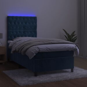 Κρεβάτι Boxspring με Στρώμα & LED Σκ. Μπλε 90x200 εκ. Βελούδινο