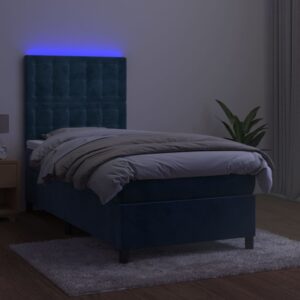 Κρεβάτι Boxspring με Στρώμα & LED Σκ. Μπλε 90x200 εκ. Βελούδινο