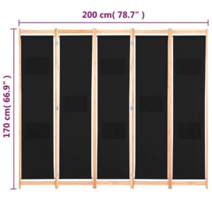 Διαχωριστικό Δωματίου με 5 Πάνελ Μαύρο 200x170x4 εκ. Υφασμάτινο