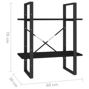 Βιβλιοθήκη με 2 Ράφια Μαύρη 60x30x70 εκ. από Μασίφ Ξύλο Πεύκου