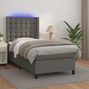 Κρεβάτι Boxspring με Στρώμα & LED Γκρι 80x200 εκ. Συνθ. Δέρμα