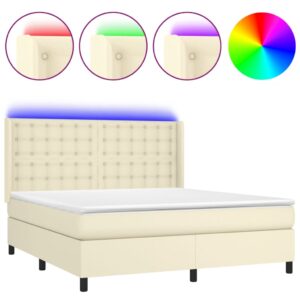 Κρεβάτι Boxspring με Στρώμα & LED Κρεμ 180x200 εκ. Συνθ. Δέρμα