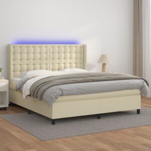 Κρεβάτι Boxspring με Στρώμα & LED Κρεμ 180x200 εκ. Συνθ. Δέρμα