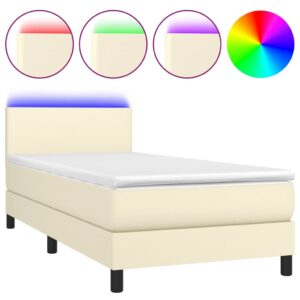 Κρεβάτι Boxspring με Στρώμα & LED Κρεμ 90x190 εκ. Συνθ. Δέρμα