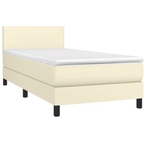 Κρεβάτι Boxspring με Στρώμα & LED Κρεμ 90x190 εκ. Συνθ. Δέρμα