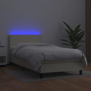 Κρεβάτι Boxspring με Στρώμα & LED Κρεμ 90x190 εκ. Συνθ. Δέρμα