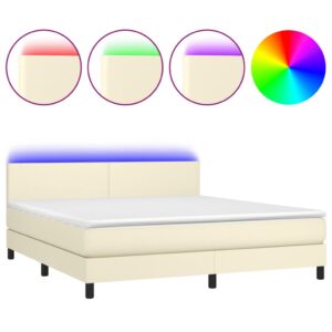 Κρεβάτι Boxspring με Στρώμα & LED Κρεμ 160x200 εκ. Συνθ. Δέρμα