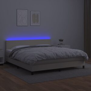 Κρεβάτι Boxspring με Στρώμα & LED Κρεμ 160x200 εκ. Συνθ. Δέρμα