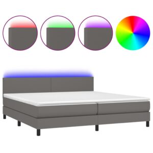 Κρεβάτι Boxspring με Στρώμα & LED Γκρι 200x200 εκ. Συνθ. Δέρμα