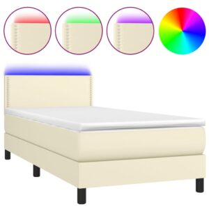 Κρεβάτι Boxspring με Στρώμα & LED Κρεμ 90x190 εκ. Συνθ. Δέρμα