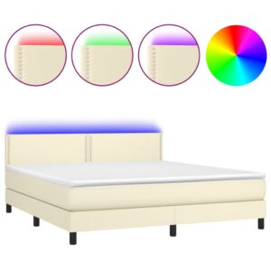 Κρεβάτι Boxspring με Στρώμα & LED Κρεμ 160x200 εκ. Συνθ. Δέρμα