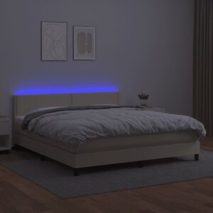 Κρεβάτι Boxspring με Στρώμα & LED Κρεμ 160x200 εκ. Συνθ. Δέρμα