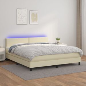 Κρεβάτι Boxspring με Στρώμα & LED Κρεμ 160x200 εκ. Συνθ. Δέρμα