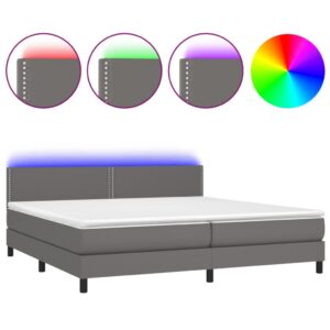 Κρεβάτι Boxspring με Στρώμα & LED Γκρι 200x200 εκ. Συνθ. Δέρμα