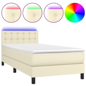 Κρεβάτι Boxspring με Στρώμα & LED Κρεμ 90x190 εκ. Συνθ. Δέρμα