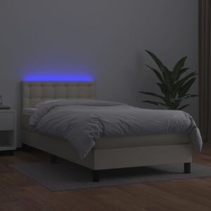 Κρεβάτι Boxspring με Στρώμα & LED Κρεμ 90x190 εκ. Συνθ. Δέρμα