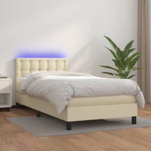 Κρεβάτι Boxspring με Στρώμα & LED Κρεμ 90x190 εκ. Συνθ. Δέρμα