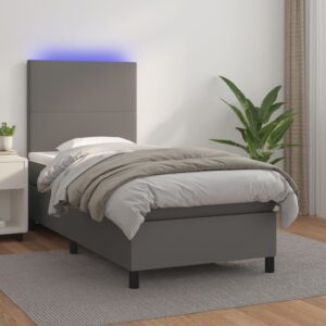 Κρεβάτι Boxspring με Στρώμα & LED Γκρι 80x200 εκ. Συνθ. Δέρμα