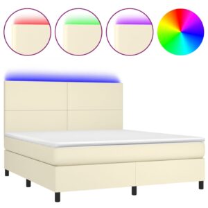 Κρεβάτι Boxspring με Στρώμα & LED Κρεμ 160x200 εκ. Συνθ. Δέρμα