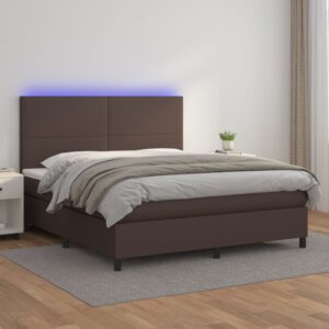 Κρεβάτι Boxspring με Στρώμα & LED Καφέ 160x200 εκ. Συνθ. Δέρμα