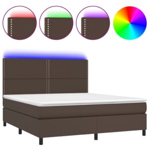 Κρεβάτι Boxspring με Στρώμα & LED Καφέ 160x200 εκ. Συνθ. Δέρμα