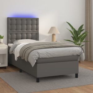 Κρεβάτι Boxspring με Στρώμα & LED Γκρι 80x200 εκ. Συνθ. Δέρμα