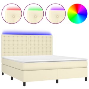 Κρεβάτι Boxspring με Στρώμα & LED Κρεμ 180x200 εκ. Συνθ. Δέρμα