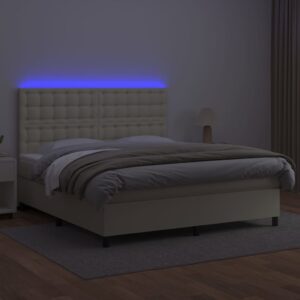 Κρεβάτι Boxspring με Στρώμα & LED Κρεμ 180x200 εκ. Συνθ. Δέρμα