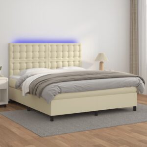 Κρεβάτι Boxspring με Στρώμα & LED Κρεμ 180x200 εκ. Συνθ. Δέρμα