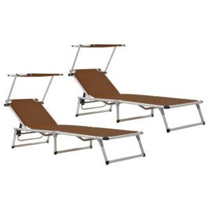 312461  Folding Sun Loungers with Roof 2 pcs Aluminium&Textilene Brown