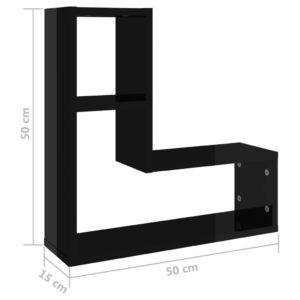 Ραφιέρες Τοίχου 2 τεμ. Γυαλιστερό Μαύρο 50x15x50 εκ Μοριοσανίδα