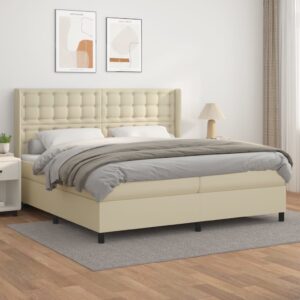 Κρεβάτι Boxspring με Στρώμα Κρεμ 200x200 εκ. Συνθετικό Δέρμα