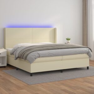 Κρεβάτι Boxspring με Στρώμα & LED Κρεμ 200x200 εκ. Συνθ. Δέρμα