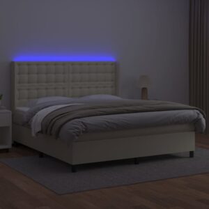 Κρεβάτι Boxspring με Στρώμα & LED Κρεμ 160x200 εκ. Συνθ. Δέρμα