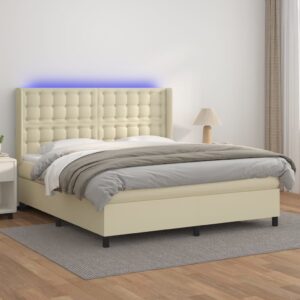 Κρεβάτι Boxspring με Στρώμα & LED Κρεμ 160x200 εκ. Συνθ. Δέρμα